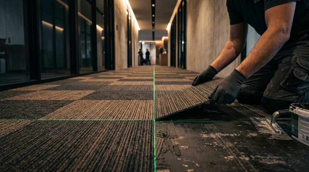 Craftsman laying modular carpet tiles along green optical laser alignment line in corporate corridor