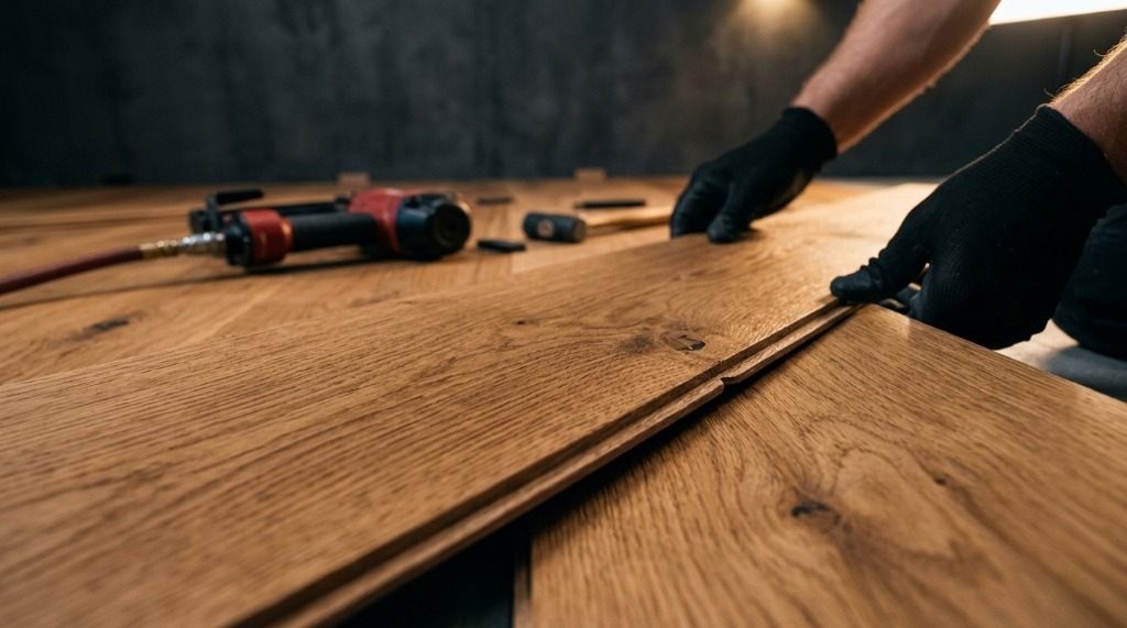 Craftsman in black gloves aligning engineered oak hardwood planks with tongue-and-groove joint and floor nailer
