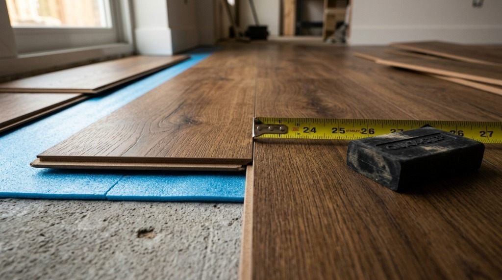 Close-up of modern laminate wood planks being installed over blue acoustic underlayment with tape measure