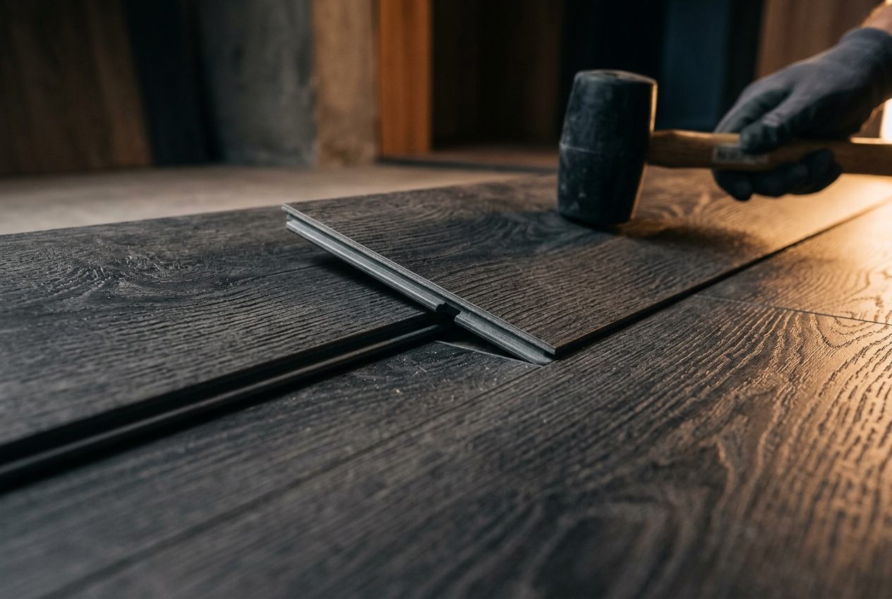 Craftsman tapping click-lock luxury vinyl plank into place with rubber mallet showing dark embossed wood grain