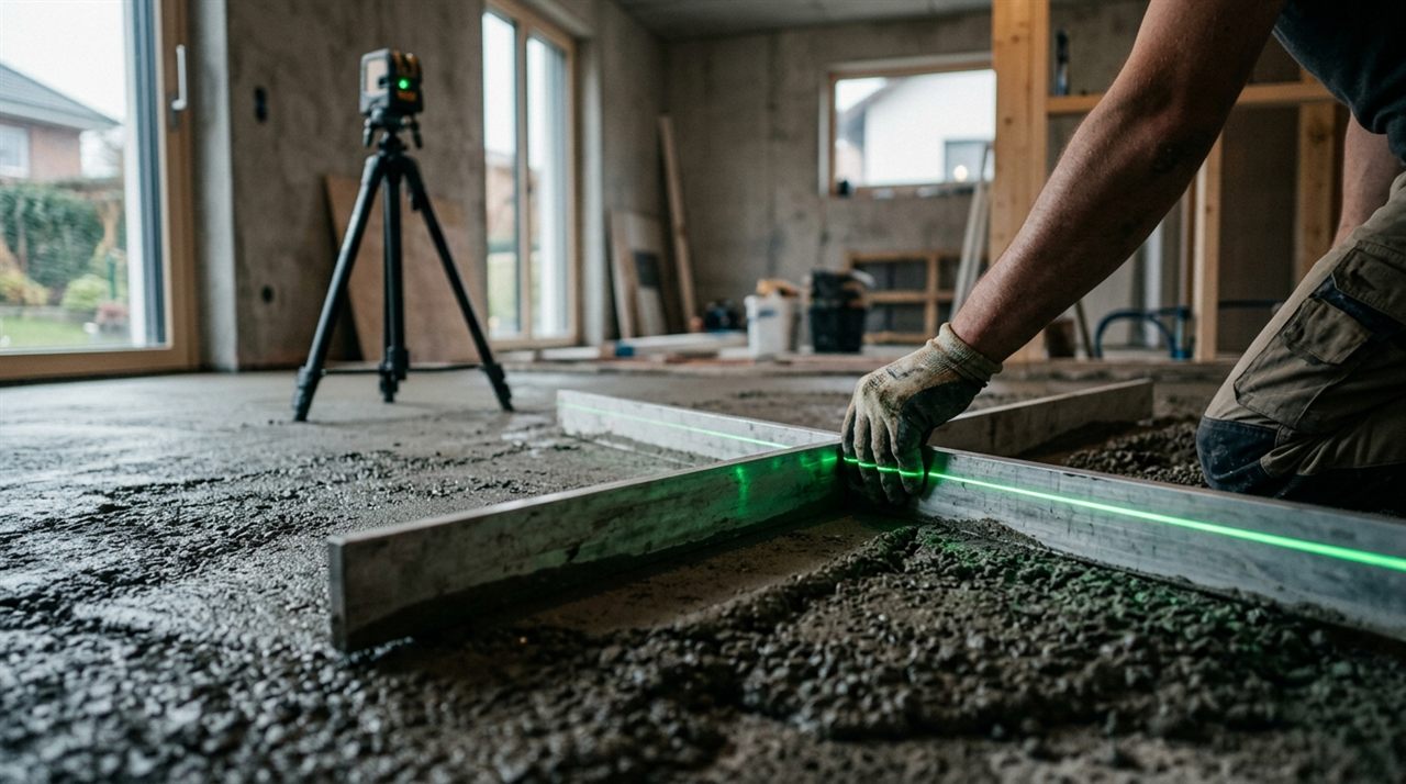 Professional optical laser level projecting beam across concrete subfloor screed for precision leveling