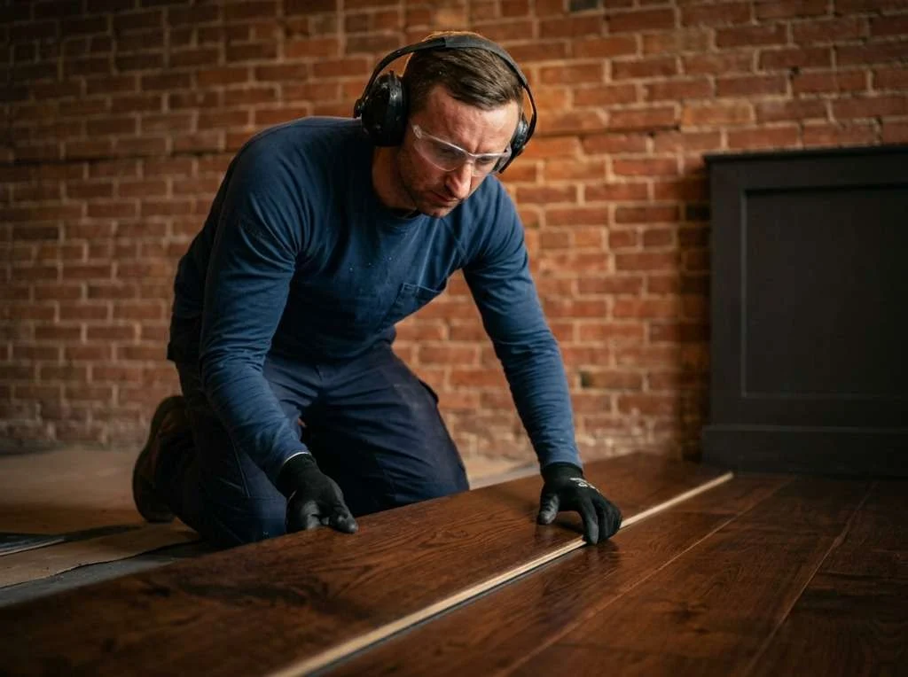 Yevhen Bilan installing hardwood flooring in Vancouver